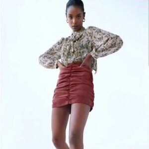 Zara Rusched High-Waist Corduroy Mini Skirt, M